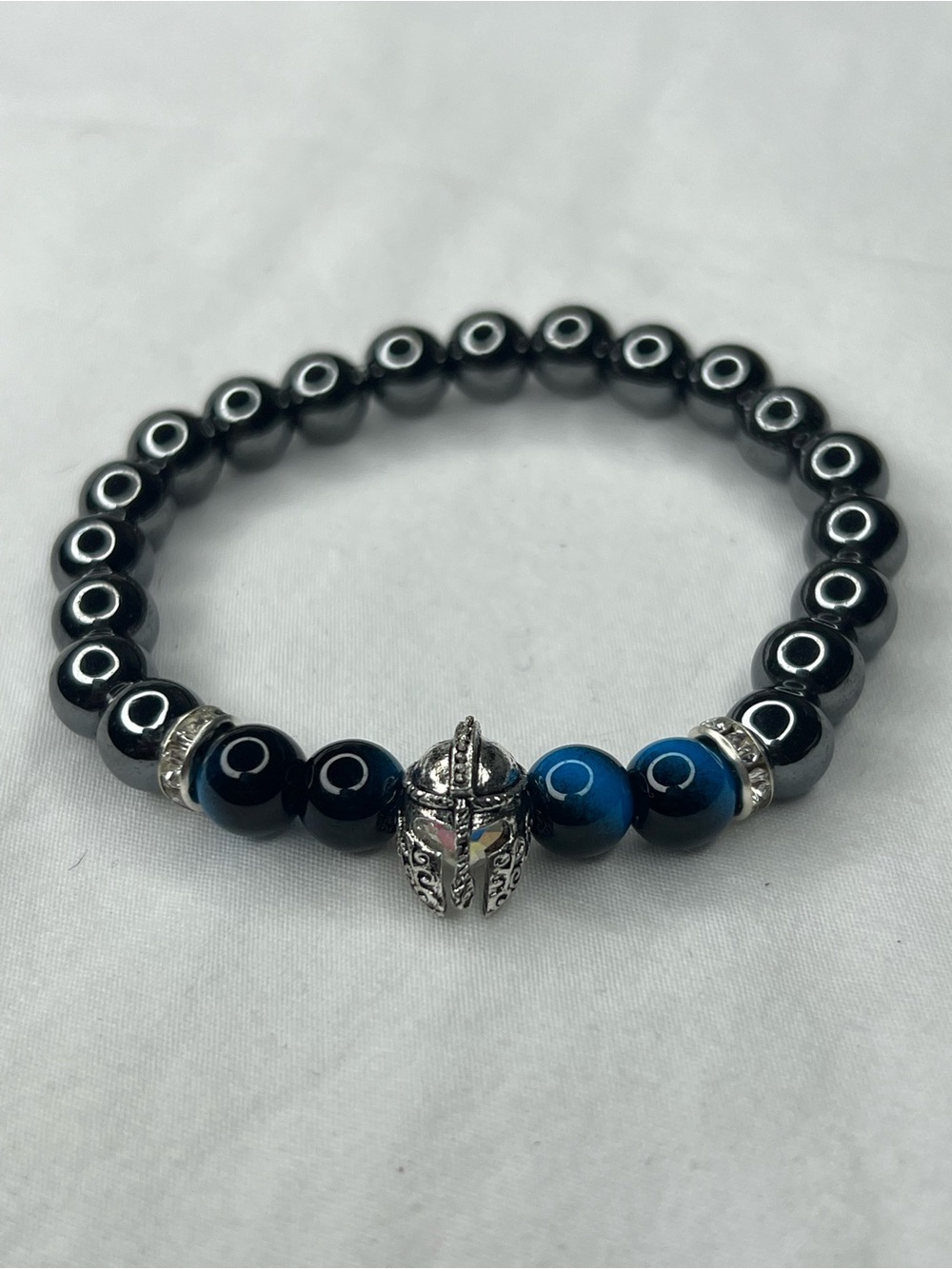 Beaded Bracelet with Spartan Helmet Accent - Black & Blue Tiger eyes